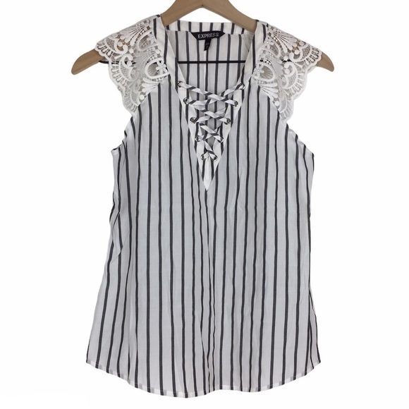 EXPRESS Top Blouse Tank Sleeveless Lace Tie Up Stripe Lightweight Sheer Size XS - Picture 1 of 8
